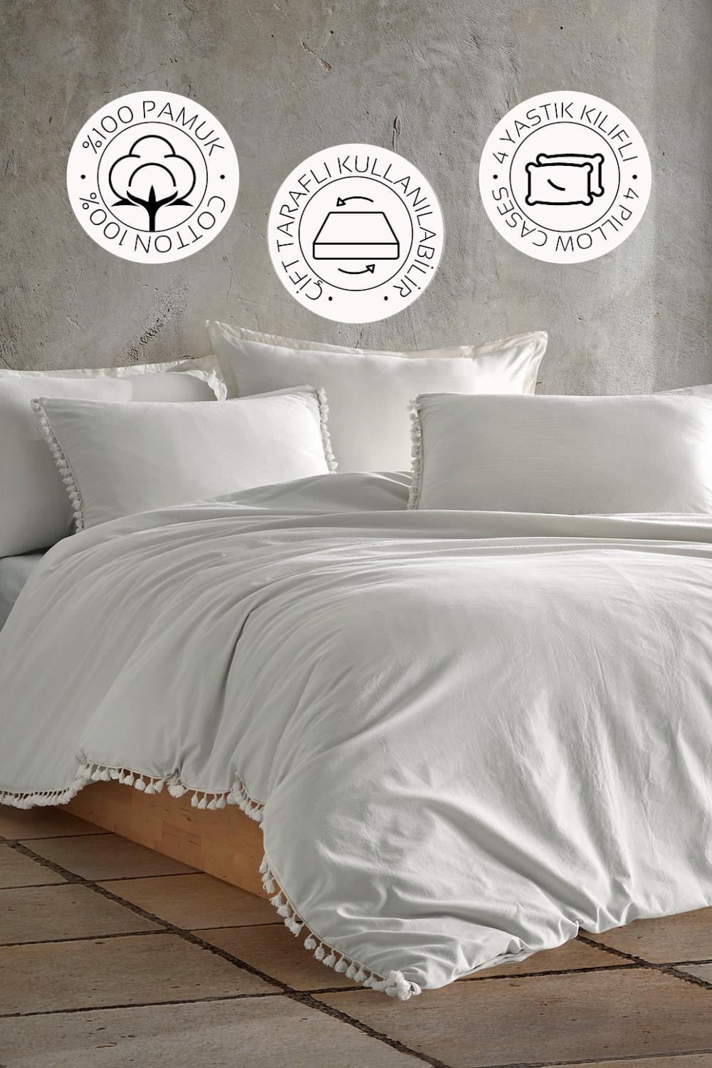 Novella Home Nil Beyaz Çift Kişilik %100 Pamuk Yıkamalı Nevresim Takımı