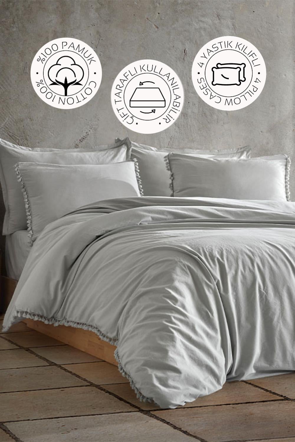Novella Home Nil Gri Çift Kişilik %100 Pamuk Yıkamalı Nevresim Takımı