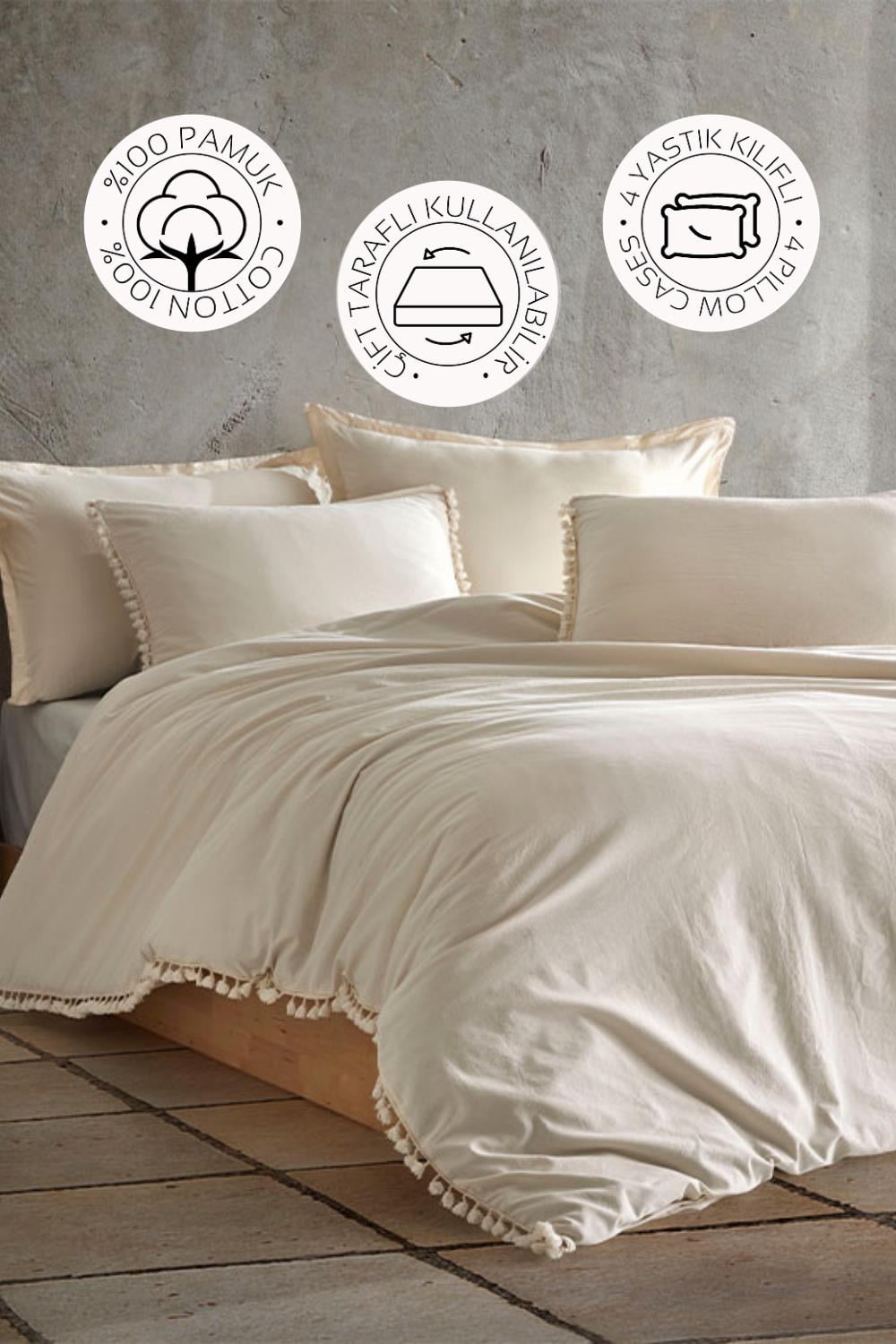 Novella Home Nil Krem Çift Kişilik %100 Pamuk Yıkamalı Nevresim Takımı