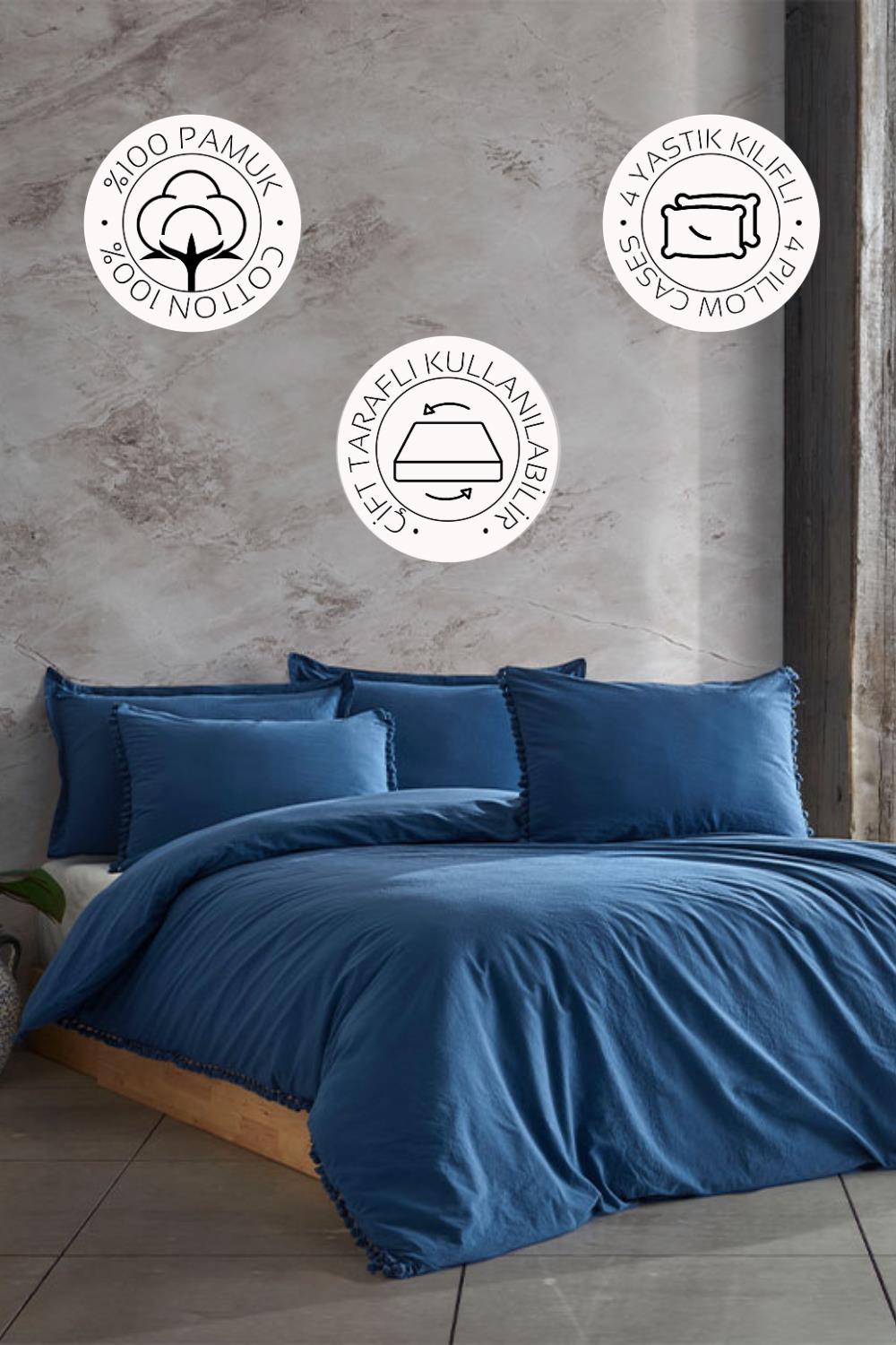 Novella Home Nil Lacivert Çift Kişilik %100 Pamuk Yıkamalı Nevresim Takımı