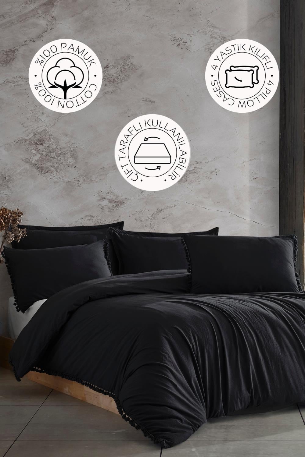 Novella Home Nil Siyah Çift Kişilik %100 Pamuk Yıkamalı Nevresim Takımı