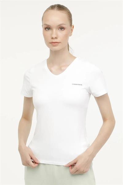 Lumberjack 3M W-Ct132 Basic Modal V Neck T-Shir Kadın Beyaz Bisiklet Yaka Tshirt
