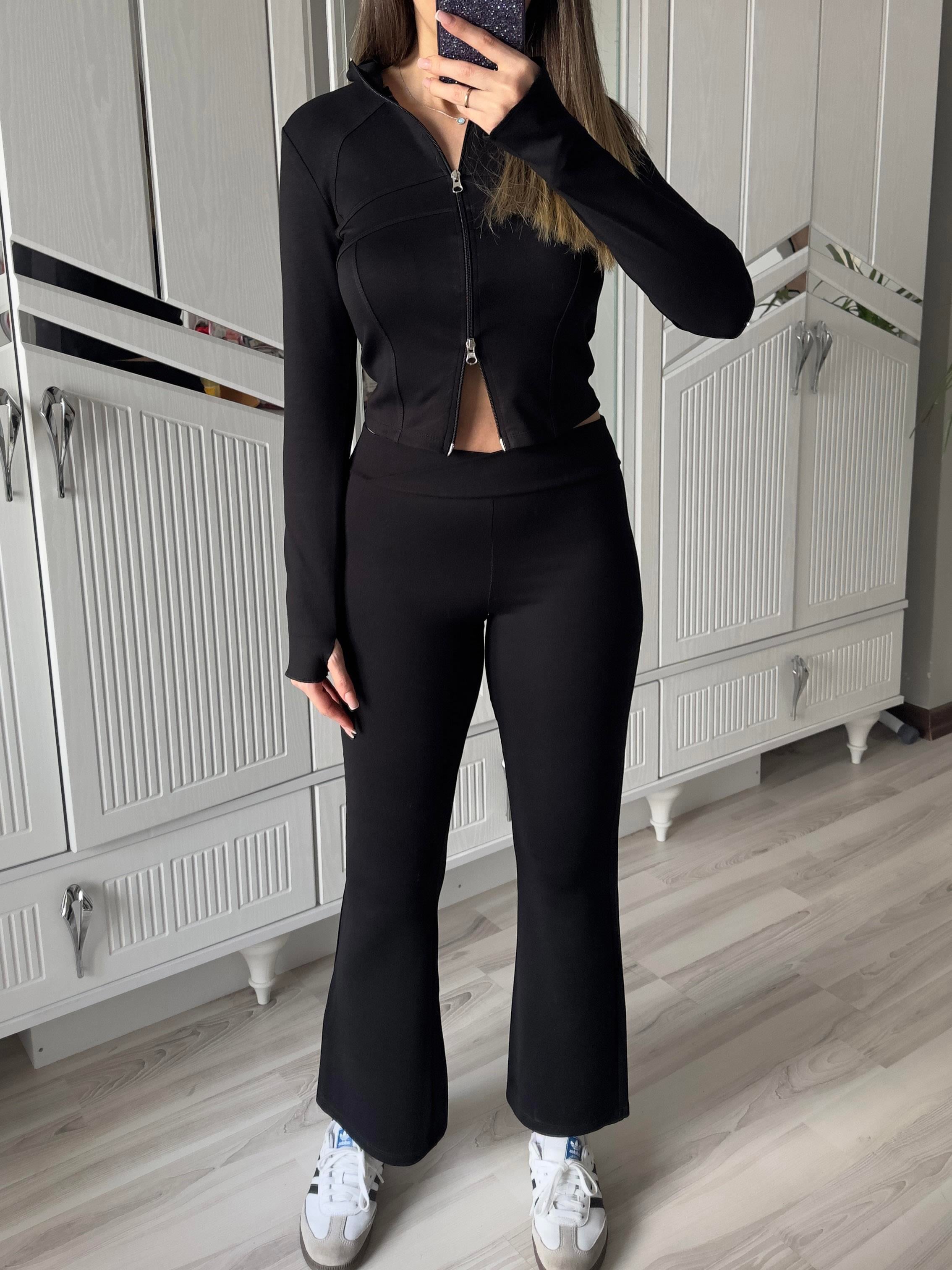 Kadın Altera Siyah Oys Modal Kumaş Pamuklu Parmak Geçirmeli Hırka ve Tayt Takım Çift Fermuarlı Esnek Slim Fit Takım