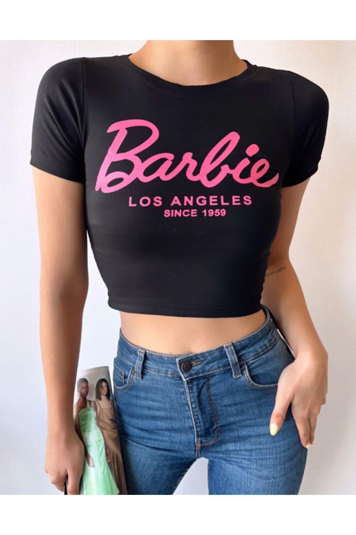 Kadın Beyaz Barbie Baskılı Los Angeles Kısa Kollu Slim Fit Crop Tshirt