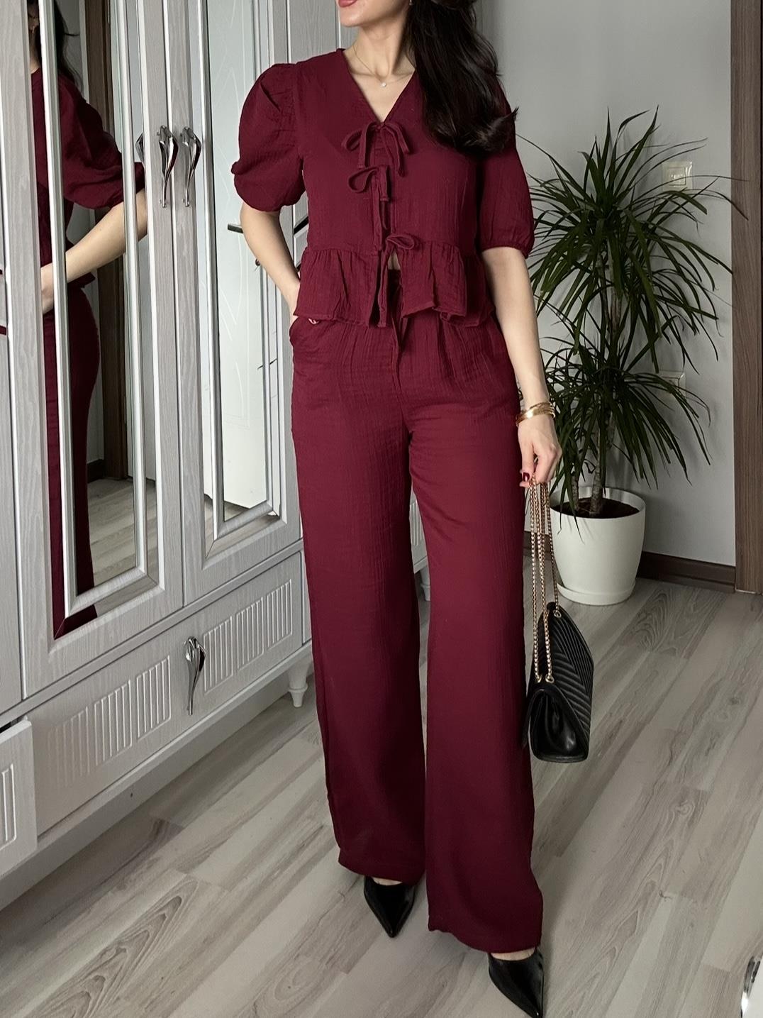 Kadın Bordo Ön Bağlamalı Bluz ve Pantolon İkili Takım %100 Pamuk Müslin Alt Üst Takım