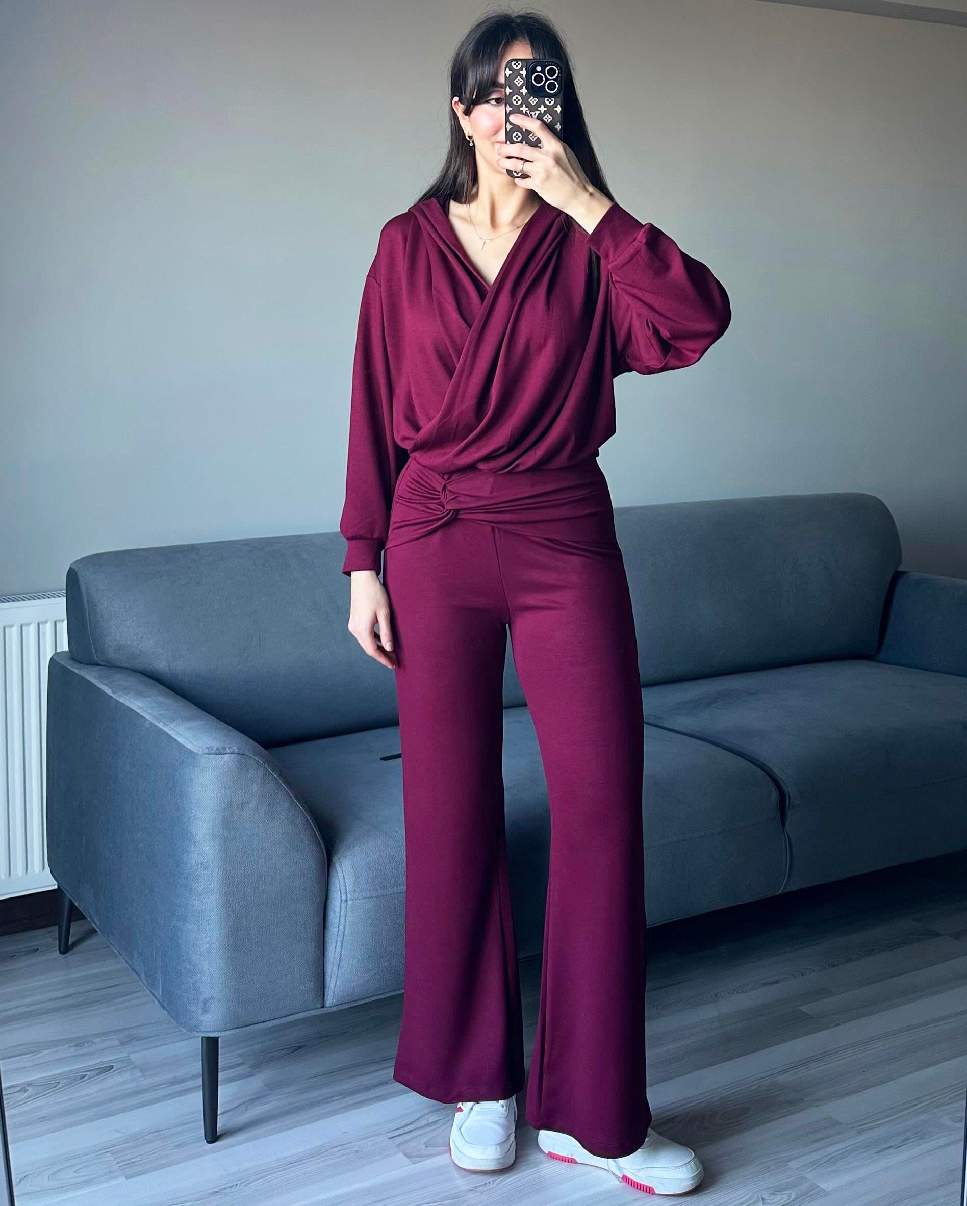 Kadın Bordo Oys Premium Pamuklu Modal Kumaş Kapüşonlu Sweatshirt ve Pantolon Alt Üst Takım Lüx İkili Takım