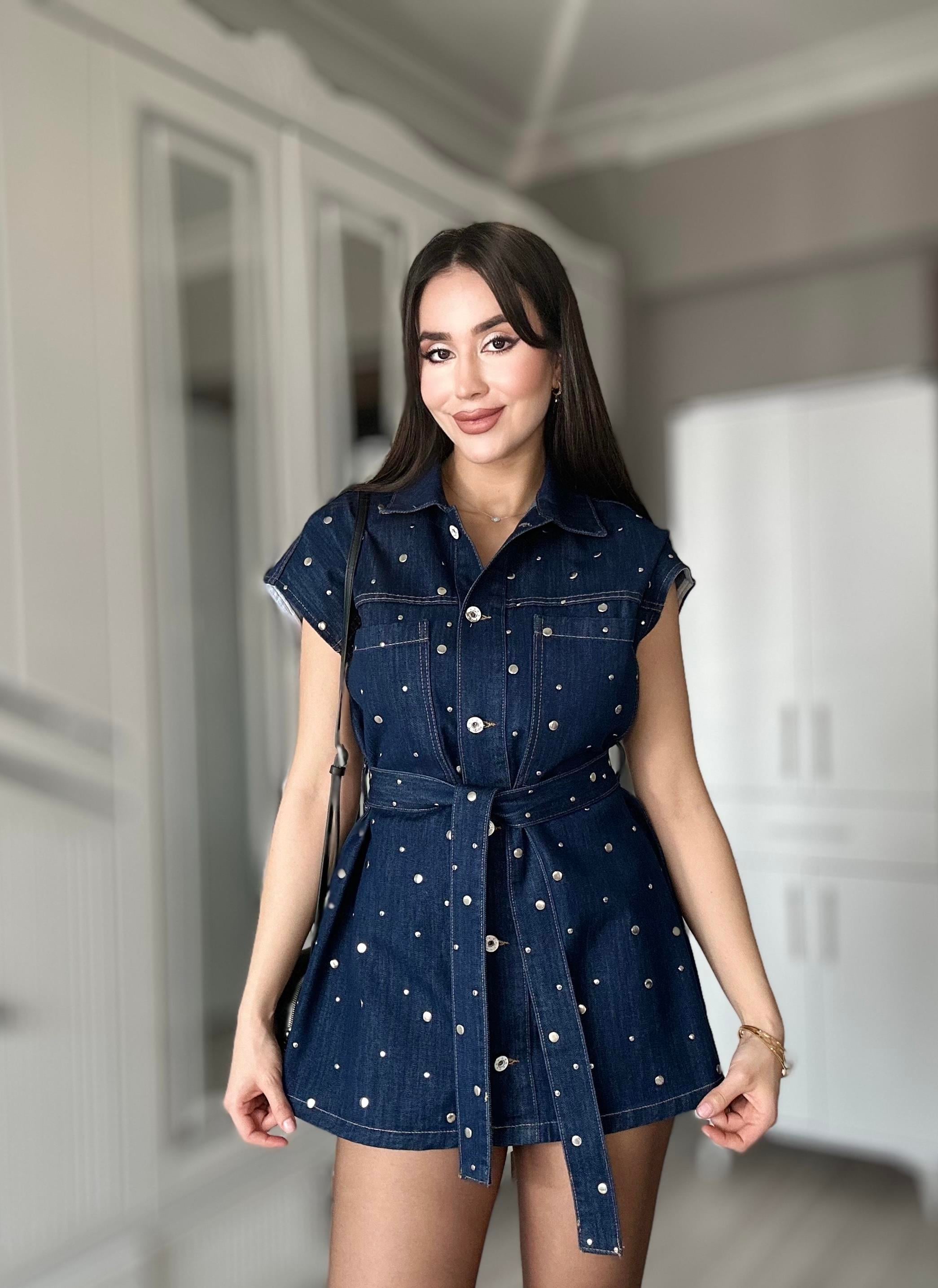 Kadın Lacivert Gümüş Zımba Detaylı Bel Kuşaklı Premium Jean Denim Tasarım Kot Yelek 