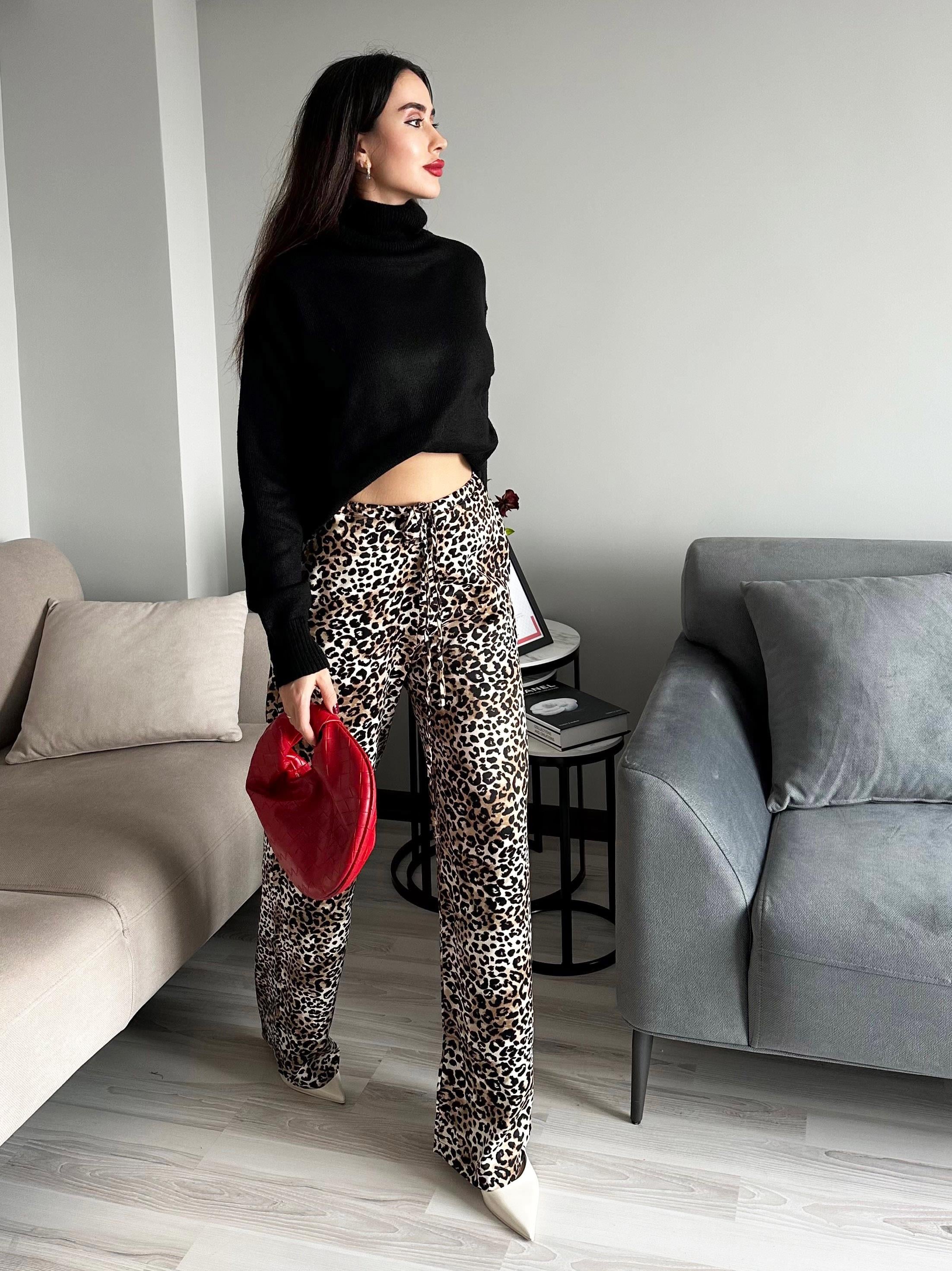 Kadın Leopar Desenli Yüksek Bel Geniş Paça Beli Lastikli Bağcıklı Pamuk Saten Palazzo Pantolon
