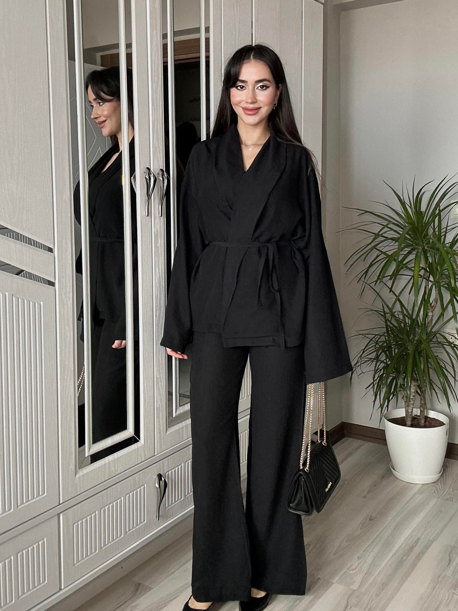 Kadın Siyah Bel Kuşaklı Kimono ve Pantolon İkili Takım Krinkıl Kumaş Tiril Alt Üst Takım