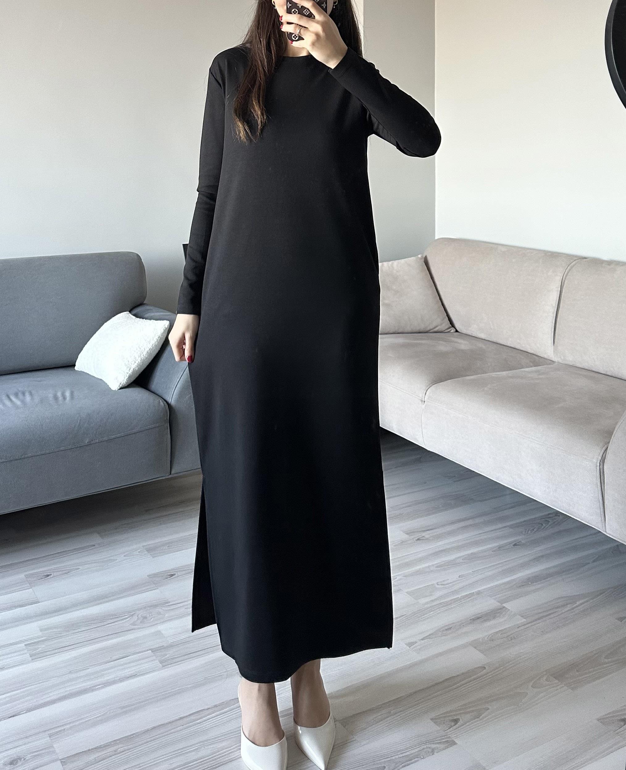 Kadın Siyah Oys Premium Pamuklu Kumaş Yanları Cepli Oversize Bol Kesim Uzun Maxi Bilek Boy Elbise