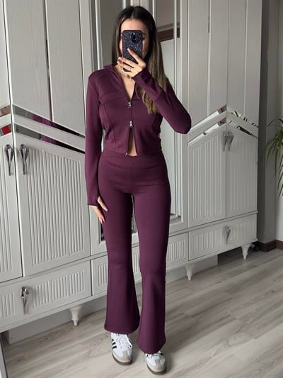 Kadın Altera Mürdüm Oys Modal Kumaş Pamuklu Parmak Geçirmeli Hırka ve Tayt Takım Çift Fermuarlı Esnek Slim Fit Takım