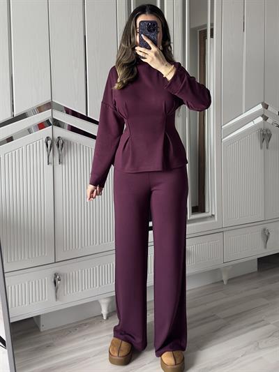Kadın Vesta Mürdüm Oys Modal Kumaş Pamuk Korse Görünümlü Uzun Kollu Bluz ve Pantolon İkili Takım Yeni Sezon Esnek Takım