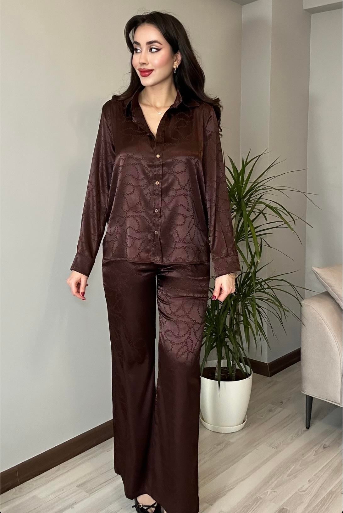 Kadın Acı Kahverengi Aurelia Floş Jakar Saten Gömlek Pantolon İkili Takım Leopar Desenli Alt Üst Takım