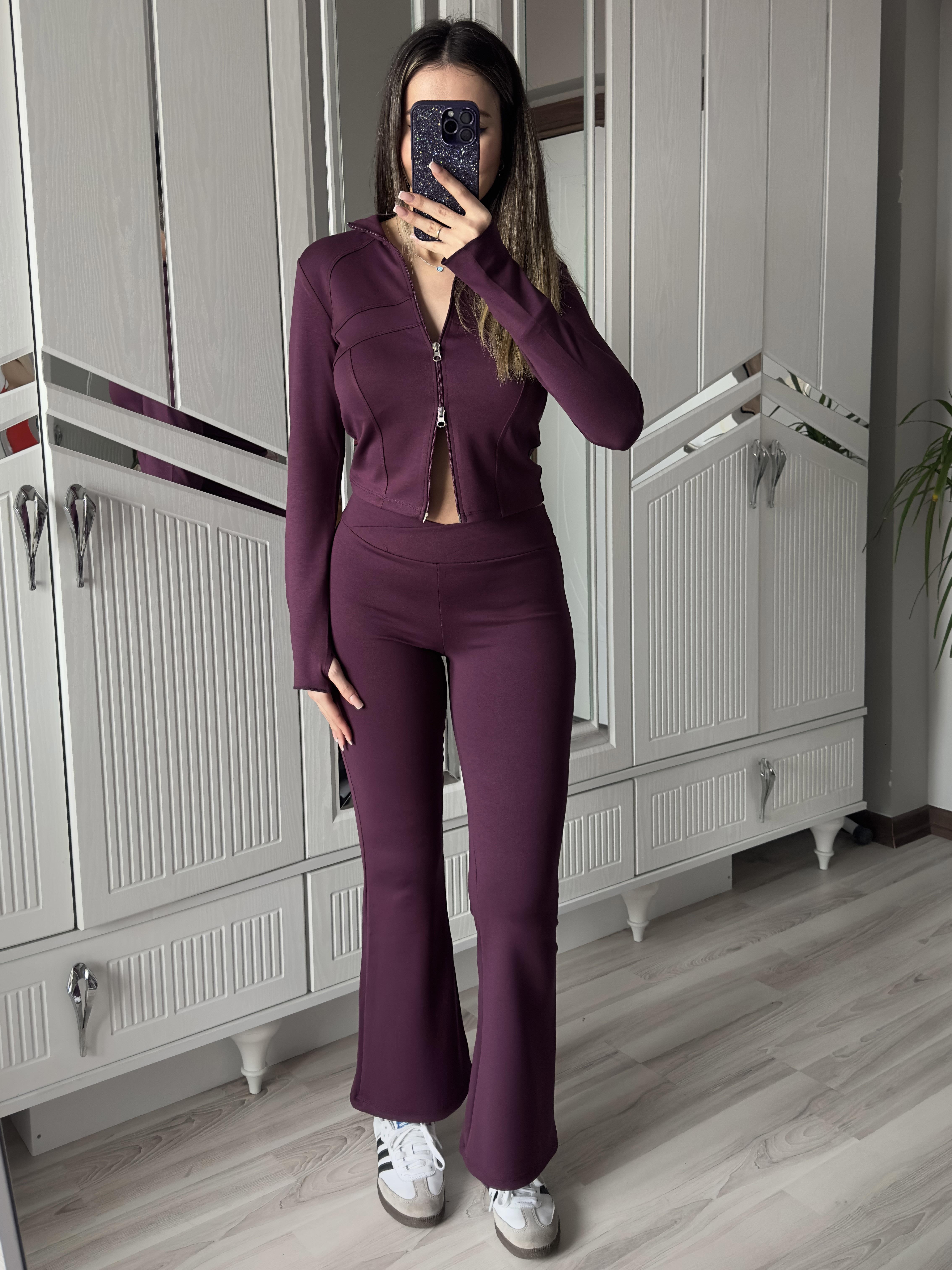Kadın Altera Mürdüm Oys Modal Kumaş Pamuklu Parmak Geçirmeli Hırka ve Tayt Takım Çift Fermuarlı Esnek Slim Fit Takım