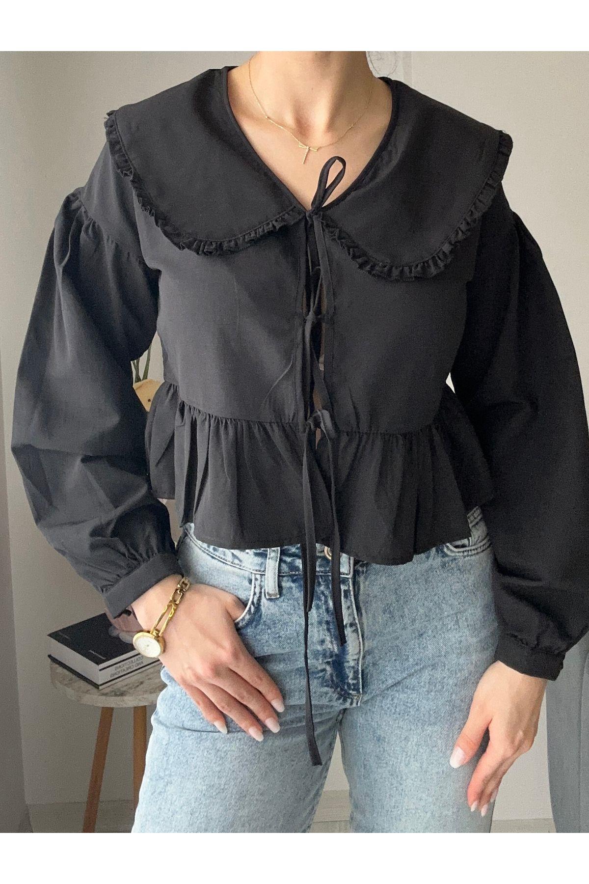 Kadın Bebe Yaka Önü Bağlamalı Fırfırlı Oversize Vintage Pinterest Poplin Gömlek