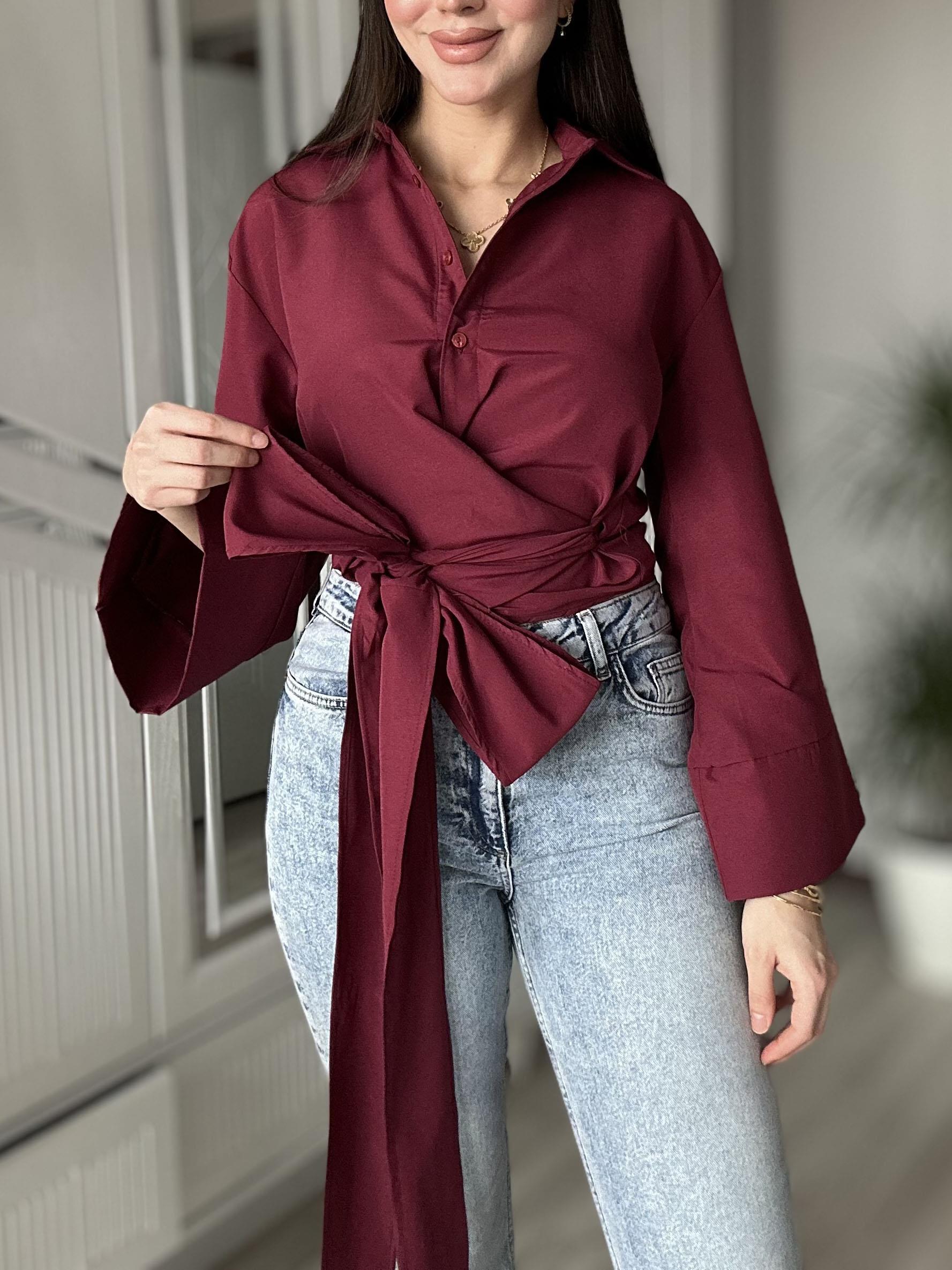 Kadın Bordo İspanyol Kol Bel Bağlamalı Kuşaklı Tasarım Poplin Gömlek 