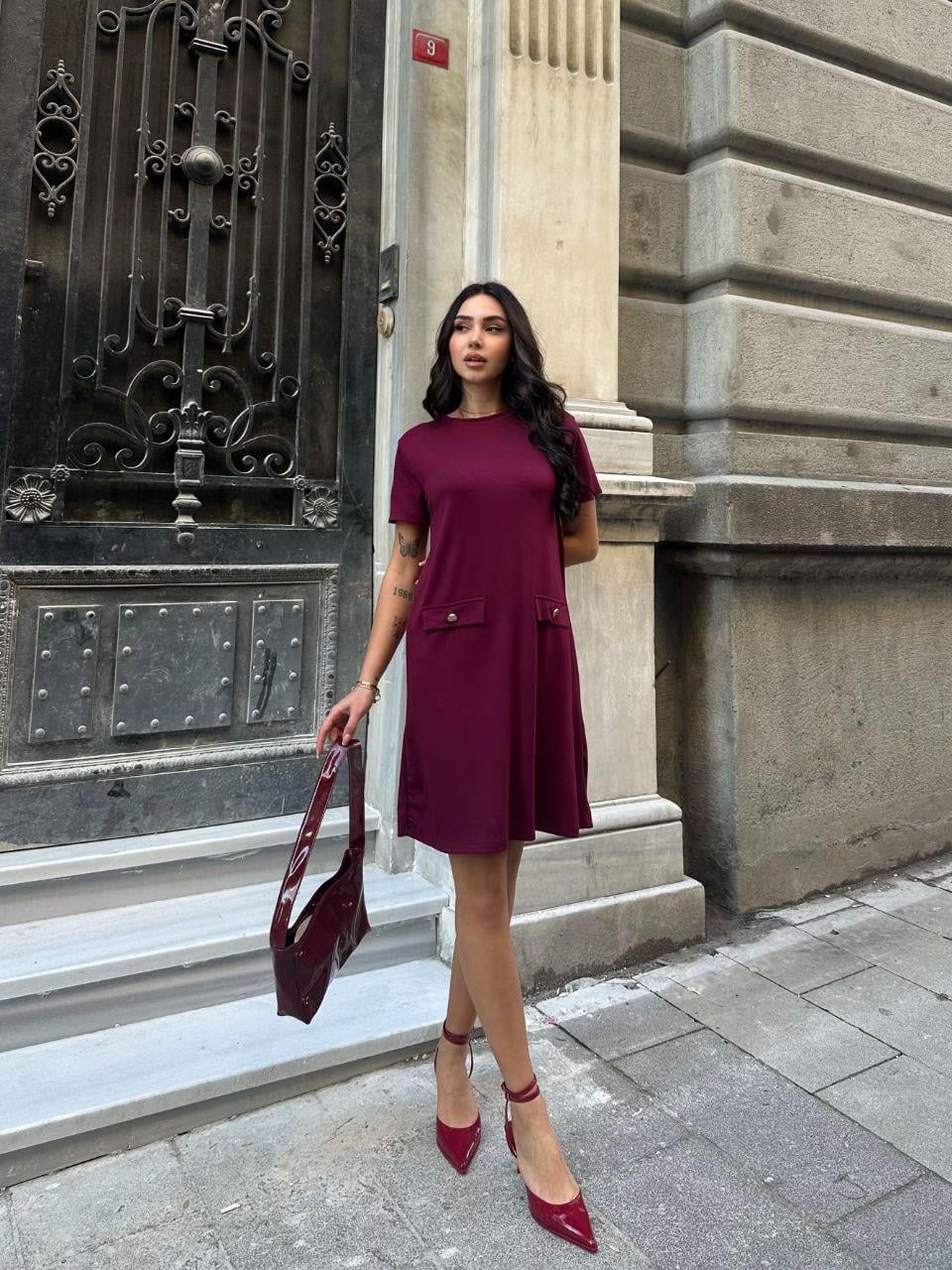 Kadın Bordo Kısa Kollu Oys Premium Pamuklu Modal Kumaş Süs Cepli Kısa Mini Yazlık Rahat Elbise