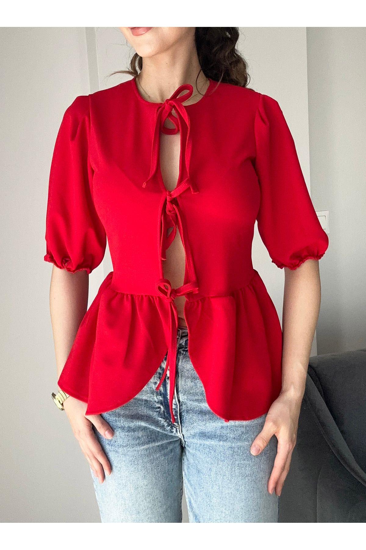 Kadın Kısa Kollu Önü Bağlamalı Balon Kol Oversize Vintage Yeni Sezon Pinterest Krep Bluz