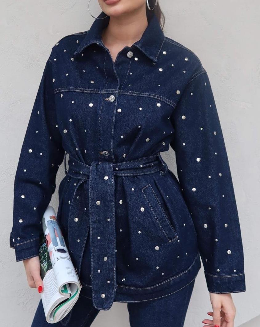 Kadın Lacivert Gümüş Zımba Detaylı Bel Kuşaklı Premium Jean Denim Kot Ceket
