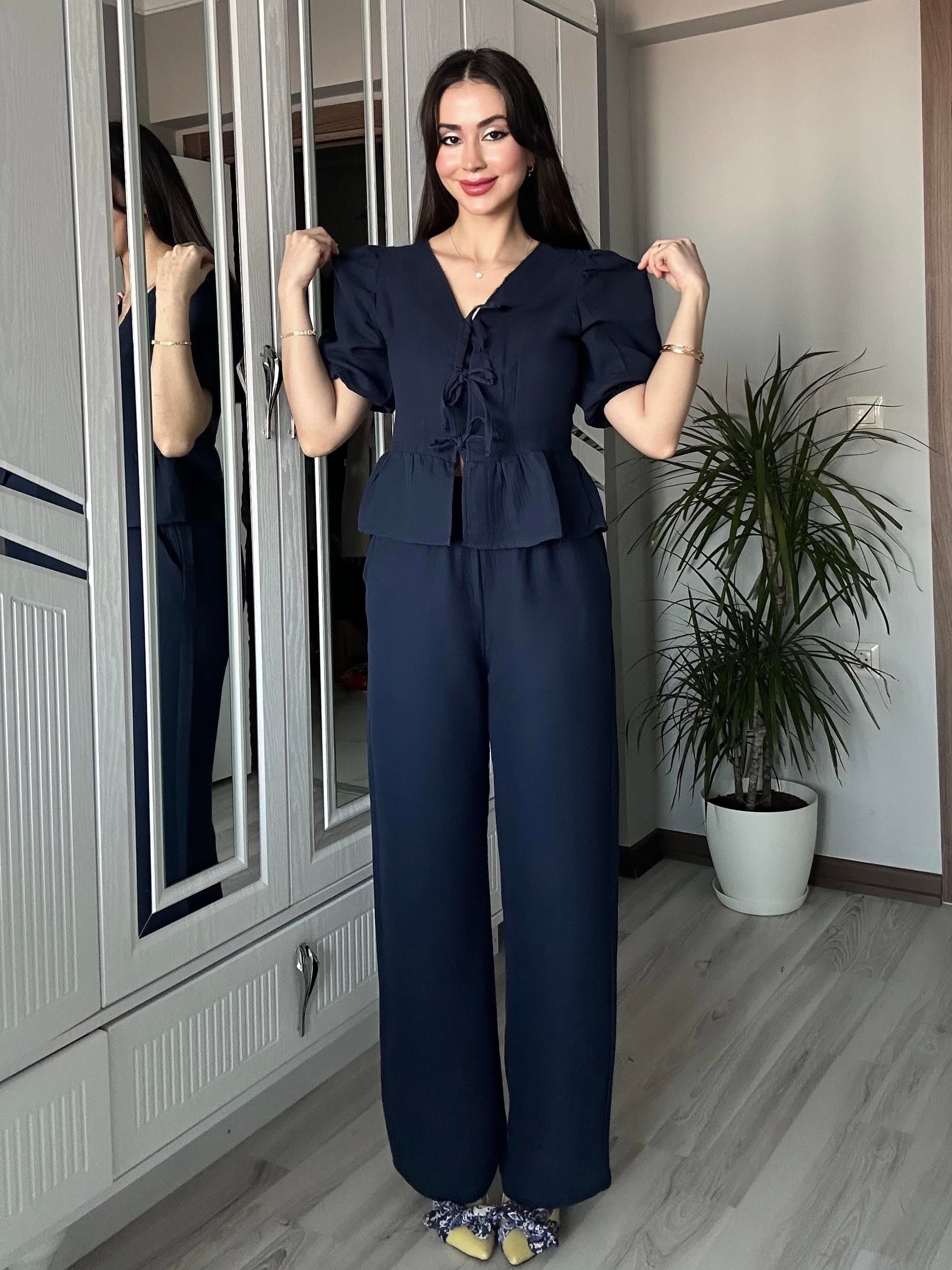 Kadın Lacivert Ön Bağlamalı Bluz ve Pantolon İkili Takım %100 Pamuk Müslin Alt Üst Takım