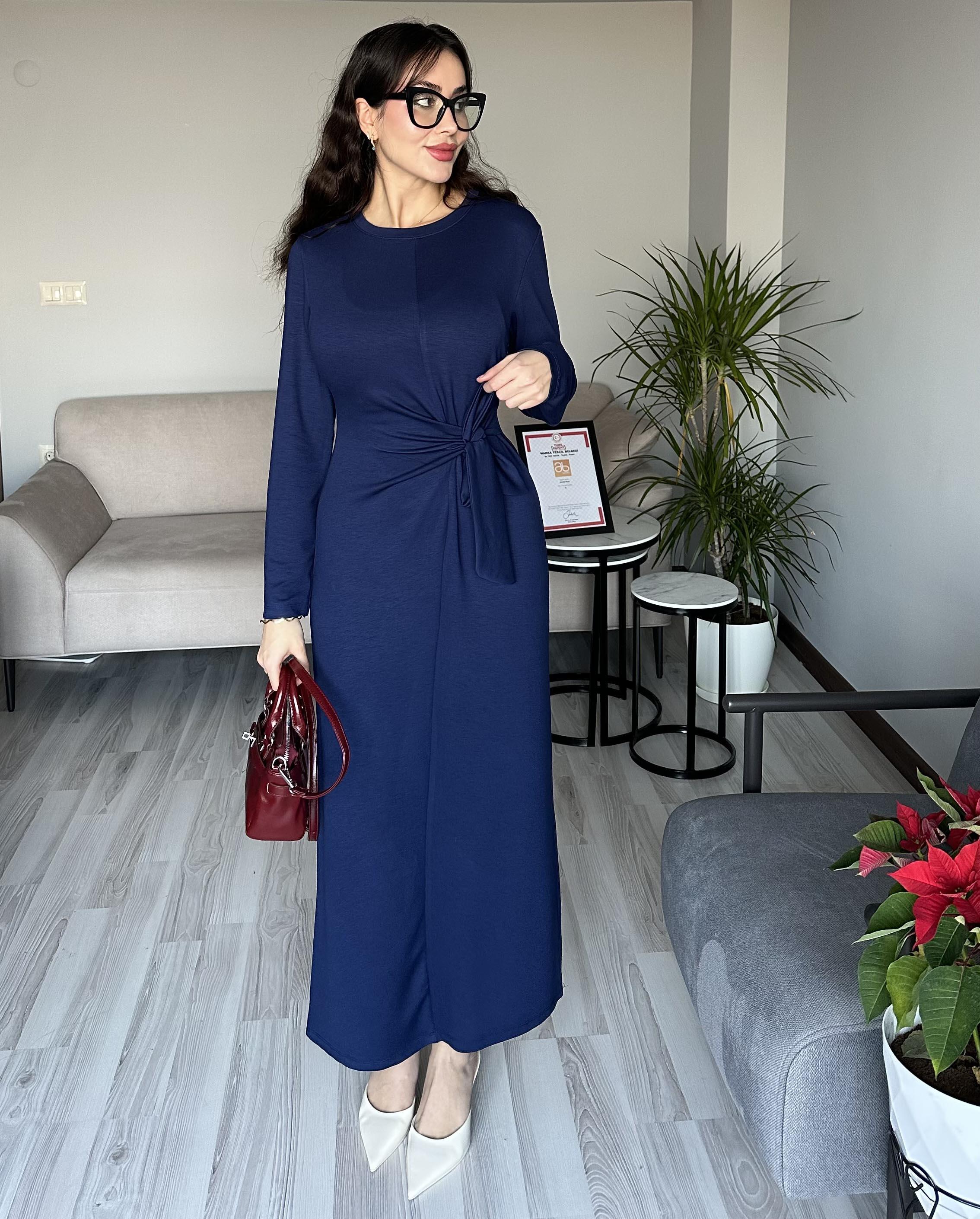 Kadın Lacivert Oys Premium Pamuklu Kumaş Yandan Kuşak Bağlamalı Uzun Maxi Bilek Boy Elbise