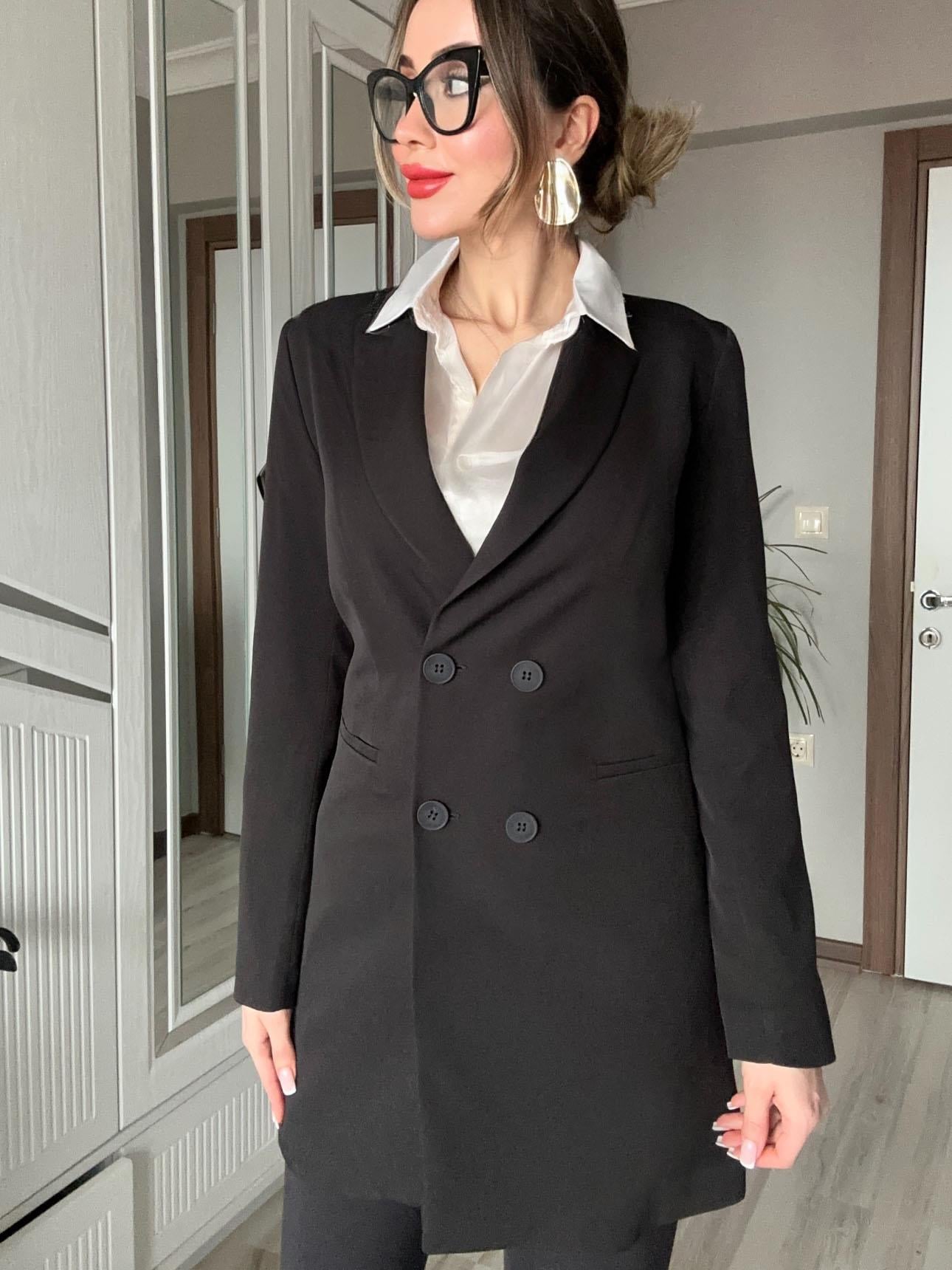 Kadın Siyah Düğmeli Vatkalı Blazer Ceket Elbise Astarlı Business Blazer Ceket Elbise