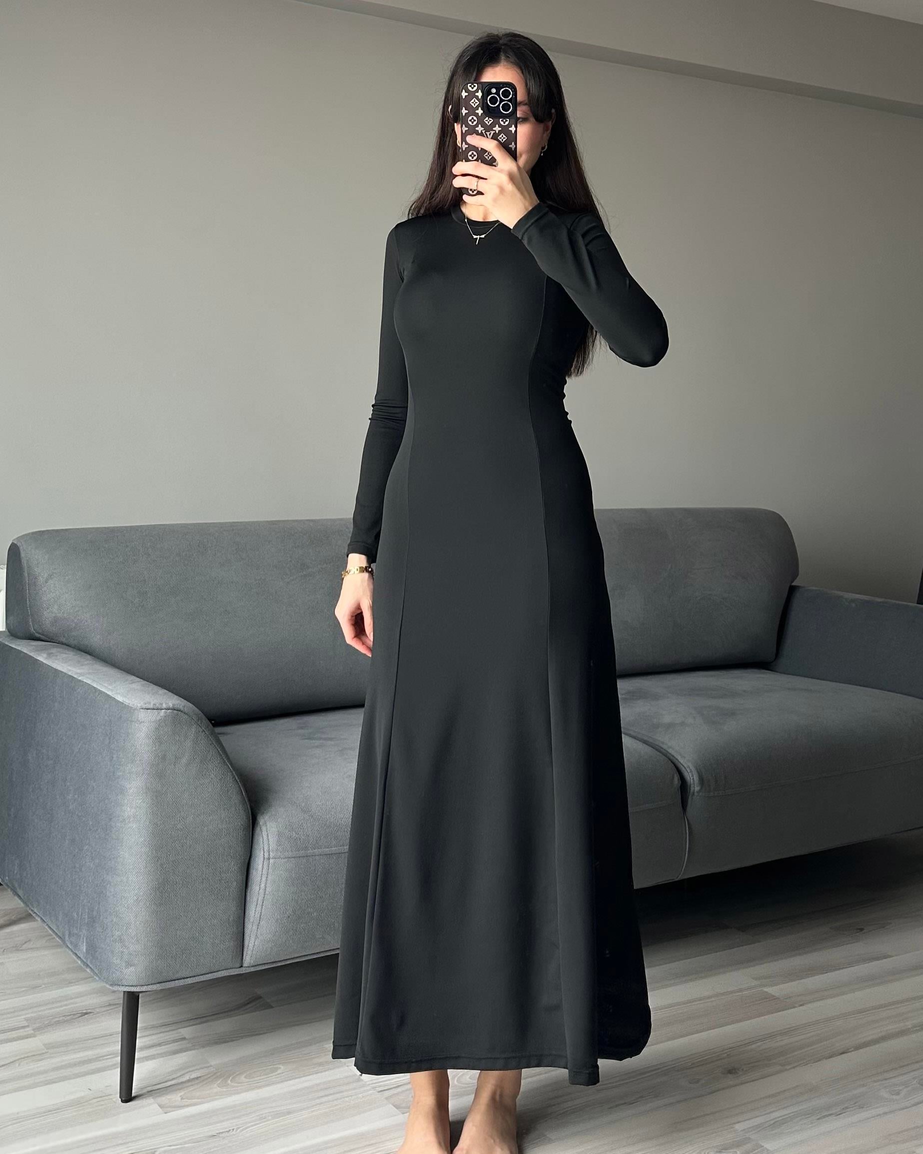 Kadın Siyah Uzun Kollu Kylie Maxi Uzun Elbise Kloş Geniş Etekli Basic Uzun Elbise İç Göstermez