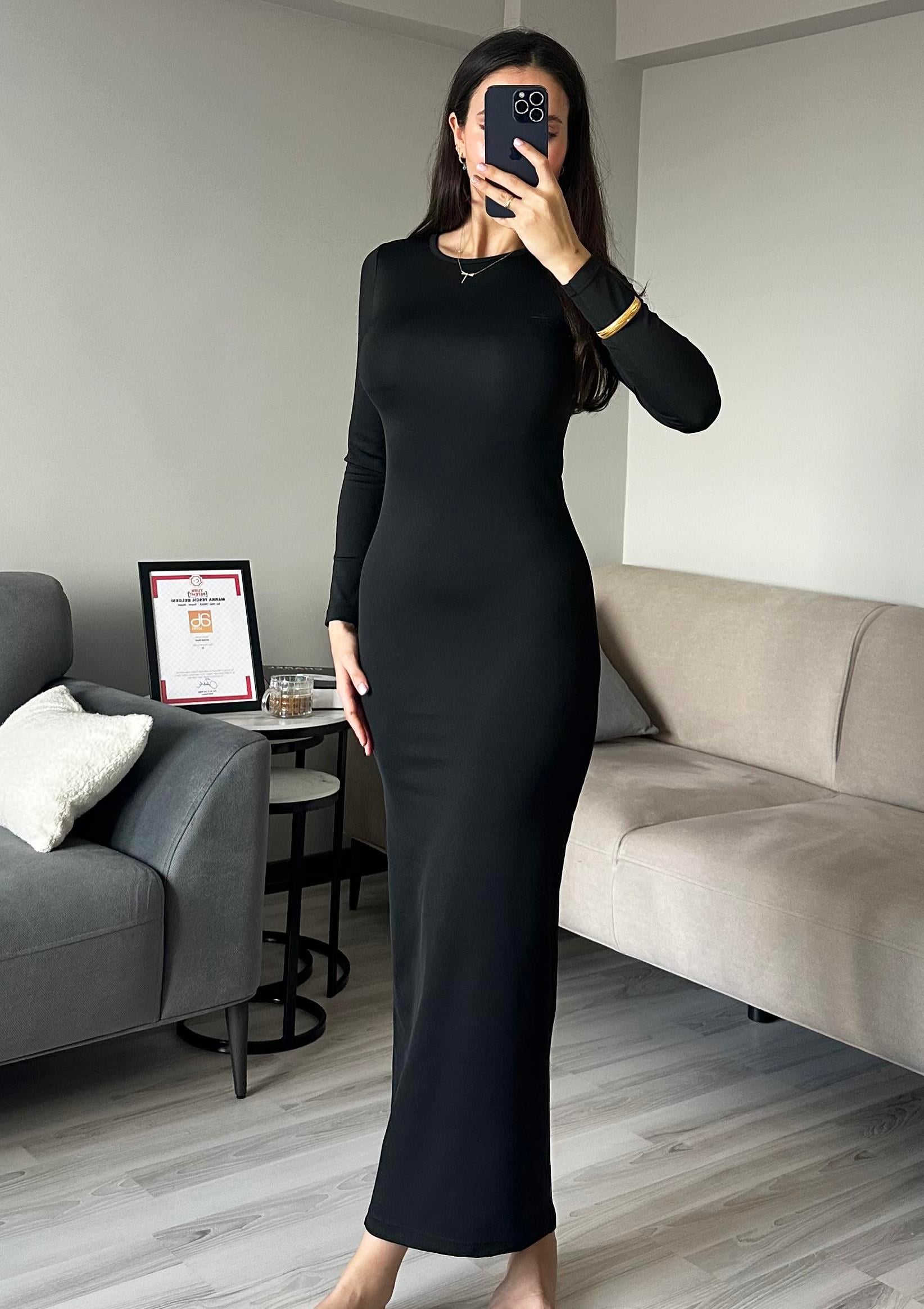 Kadın Siyah Vücuda Oturan Esnek Uzun Kollu Maxi Uzun Kylie Elbise Günlük Basic Uzun Elbise 6335