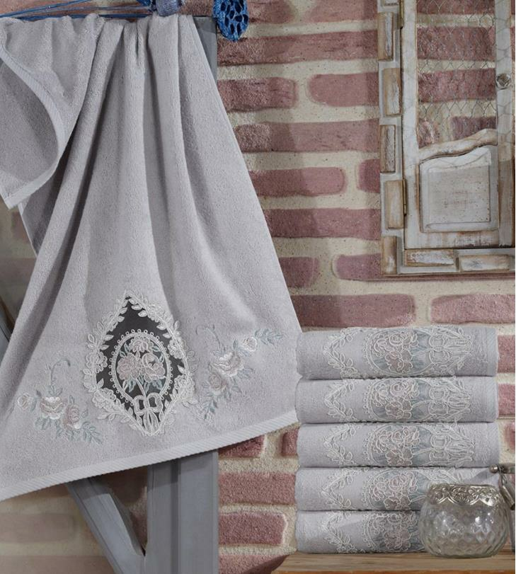 Dantela Fransız Gipürlü Nakışlı 50x90 Cm Gri Bambu Havlu