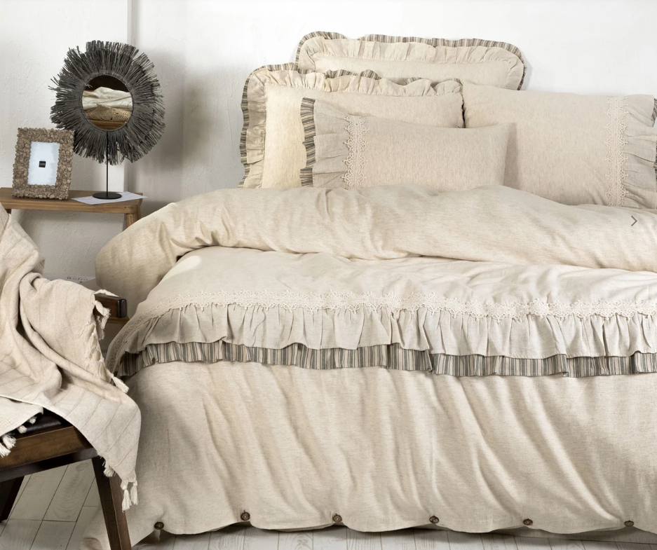 Ecocotton Dalya Çift Kişilik Pamuk Keten Fırfırlı Yeşil Nevresim Takımı - Güzel Home - Çift Kişilik Ranforce Nevresim Takımı