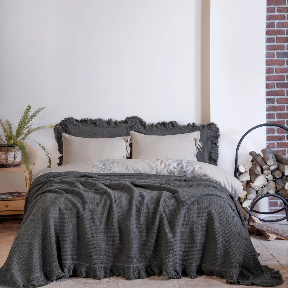 Ecocotton Dina Çift Kişilik Pamuklu Antrasit Renk Pike Yatak Örtüsü - Güzel Home - Çift Kişilik Yatak Örtüsü
