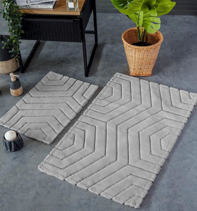 HC&W Plaid 2li Açık Gri Banyo Paspası Seti
