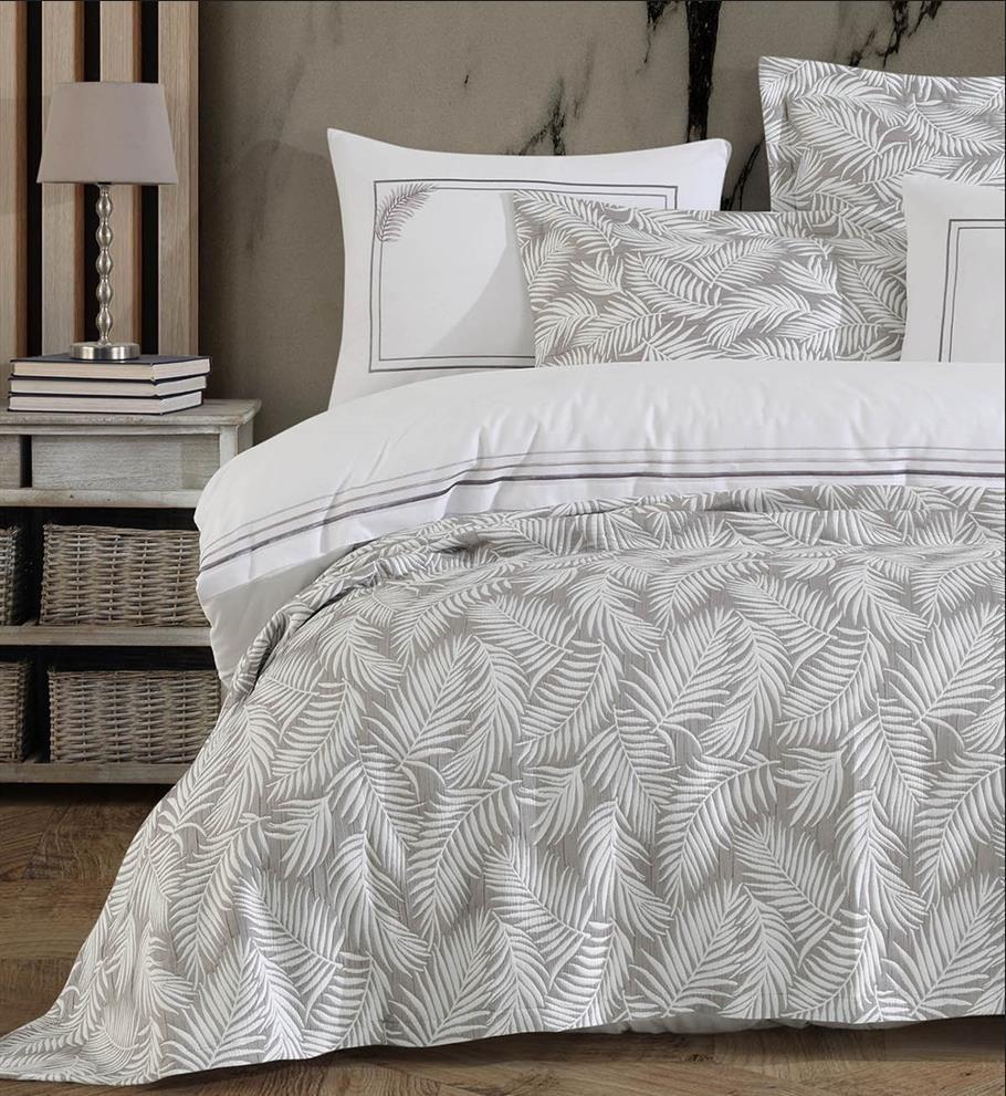 İyi Geceler İstanbul Palm Çift Kişilik Nakışlı Bej Yatak Örtüsü Takımı