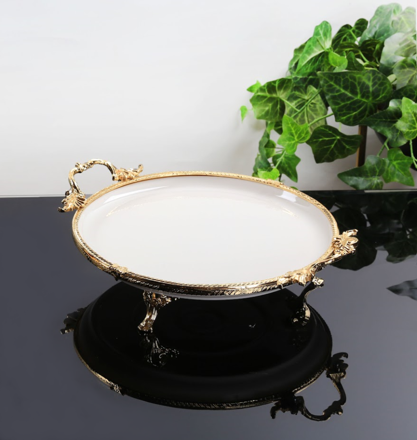 Koşar Altın Kulplu Porselen 29 Cm Yuvarlak Sunum Tabağı - Güzel Home - Sunumluklar