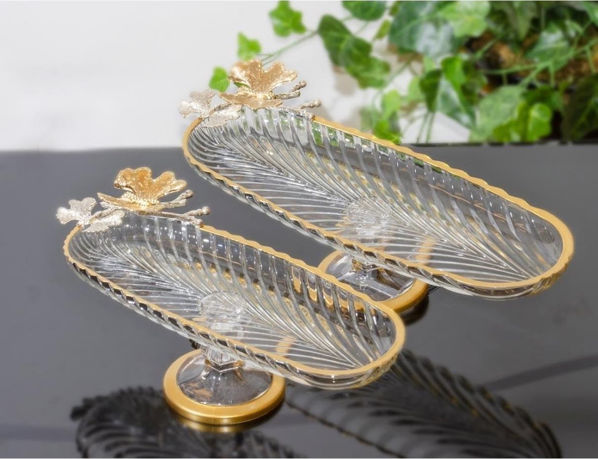 Koşar Kelebekli Oval Ayaklı Yaldızlı Küçük Servis Tabağı