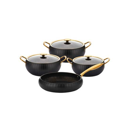 Oms Collection Meridian Siyah-Gold Granit 7 Parça Tencere Seti