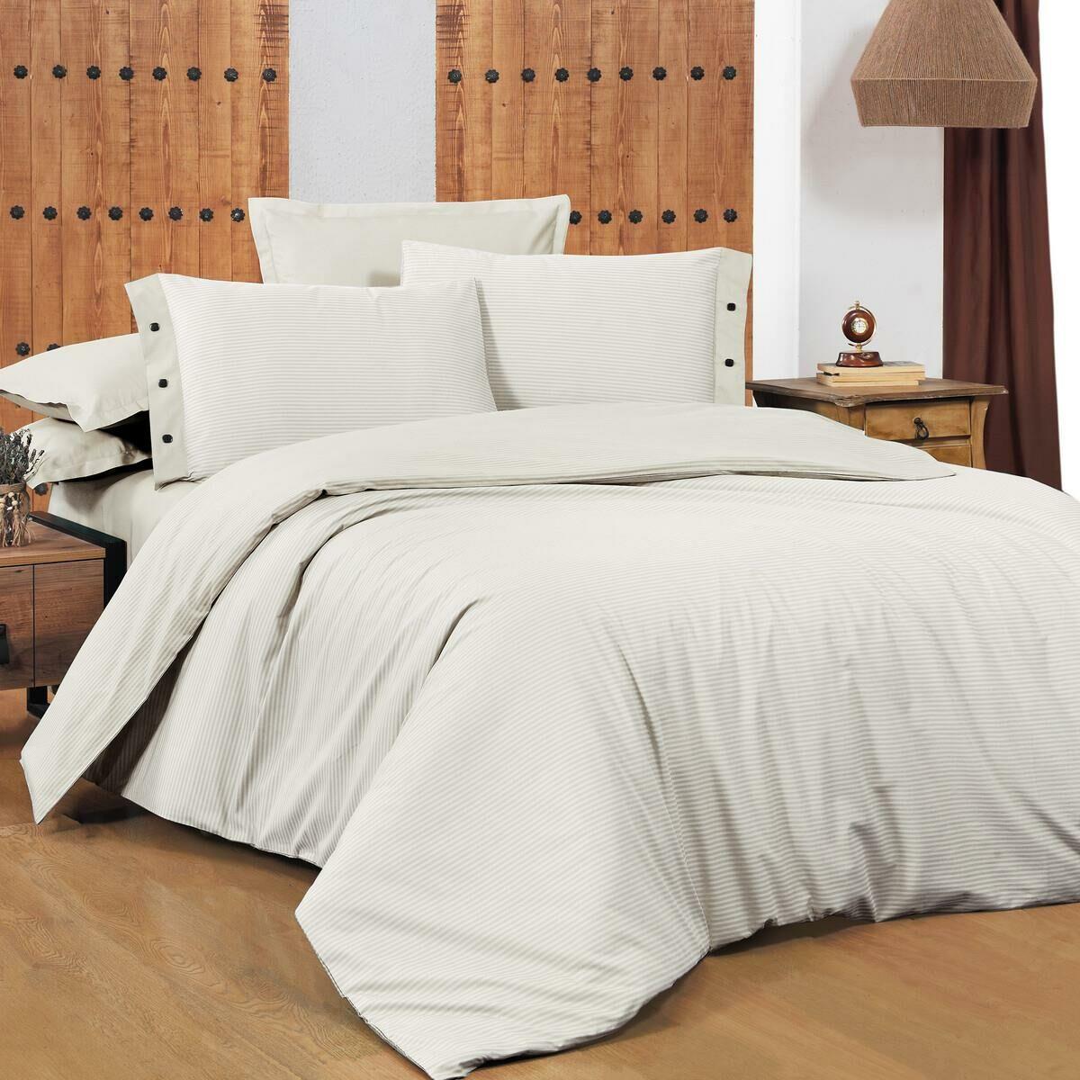 Sarev New Fancy Stripe Çift Kişilik Nevresim Takımı Ekru