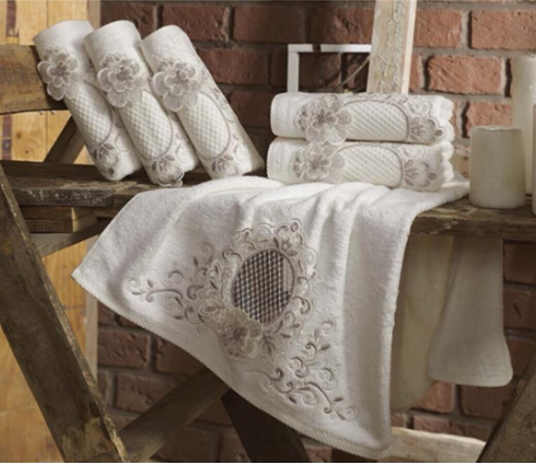 Dantela Fransız V2 Delik İş 50x90 Cm Krem Bambu Havlu - Güzel Home - Yüz Havlusu