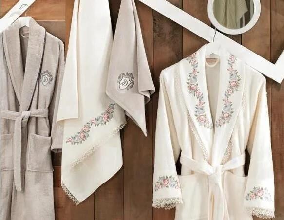 Dantela Lara Nakışlı Bambu Bornoz Seti 6'lı Krem-taş - Güzel Home - Bornoz Takımı