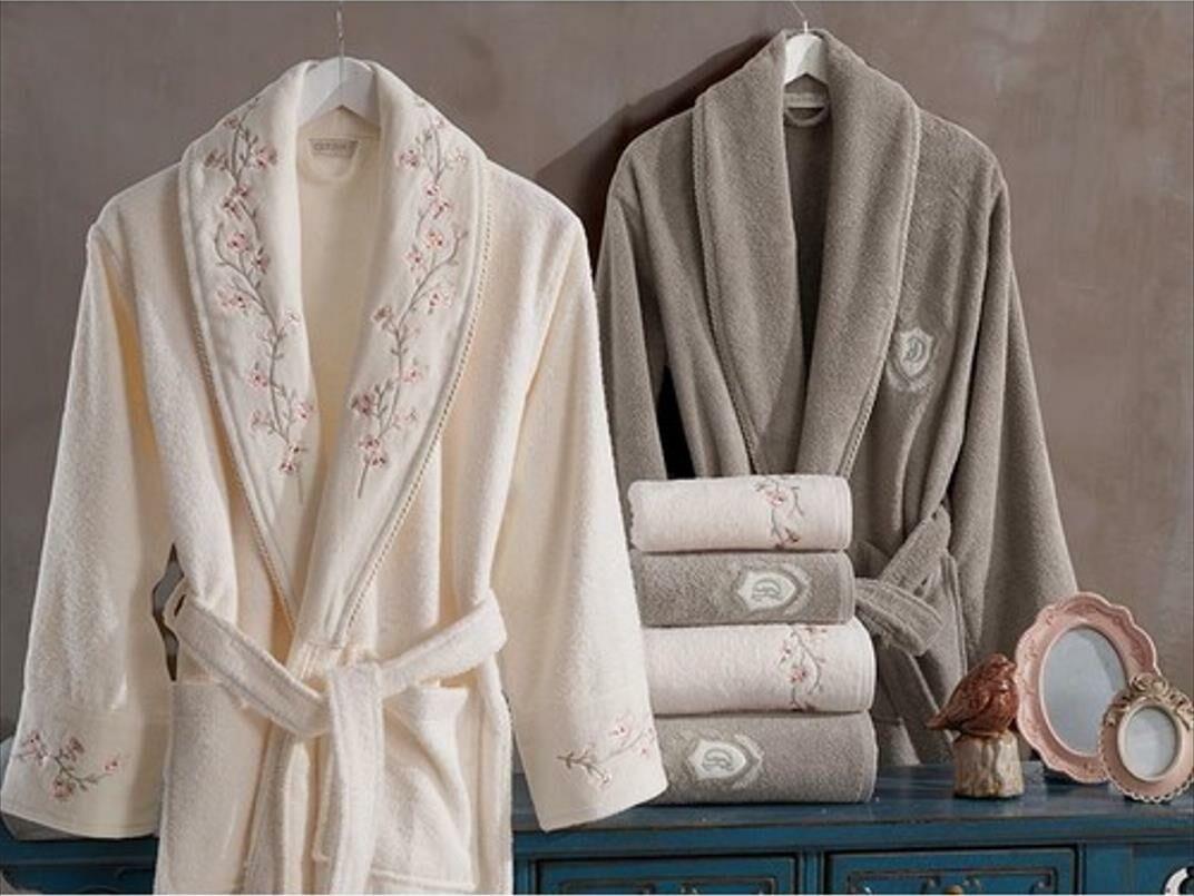 Dantela Sarmaşık Nakışlı Pamuk 6'lı Krem-Bej Bornoz Seti