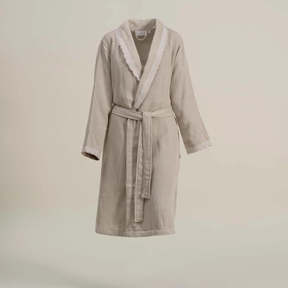 Ecocotton Alessa Bej Renkli L Beden Kadın Pike Bornoz - Güzel Home - Banyo Tekstili