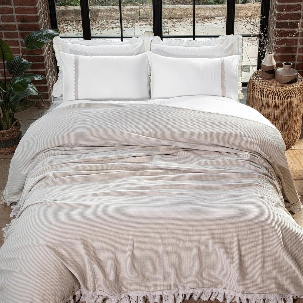 Ecocotton Alessa Jakarlı Çift Kişilik Bej Renkli Pamuklu Pike Takımı - Güzel Home - Çift Kişilik Pike Takımı