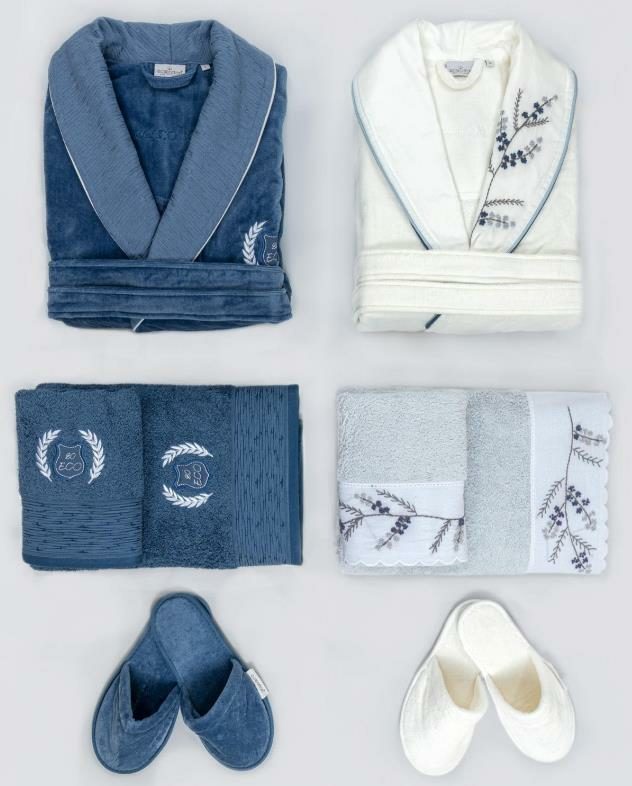 Ecocotton Derin Pamuklu Nakışlı Krem-Mavi Bornoz Seti