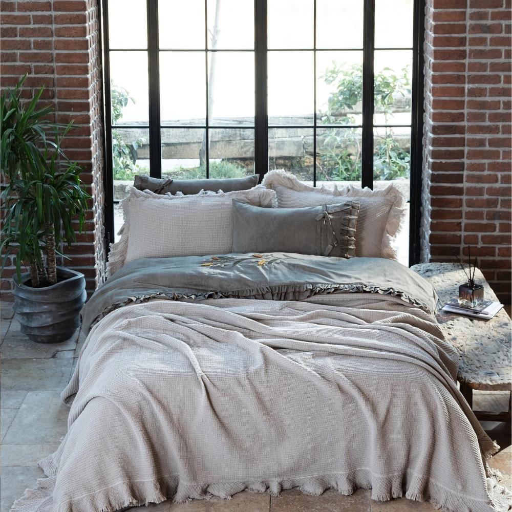 Ecocotton Dina Çift Kişilik Pamuklu Bej Renk Pike Yatak Örtüsü - Güzel Home - Çift Kişilik Pike Takımı