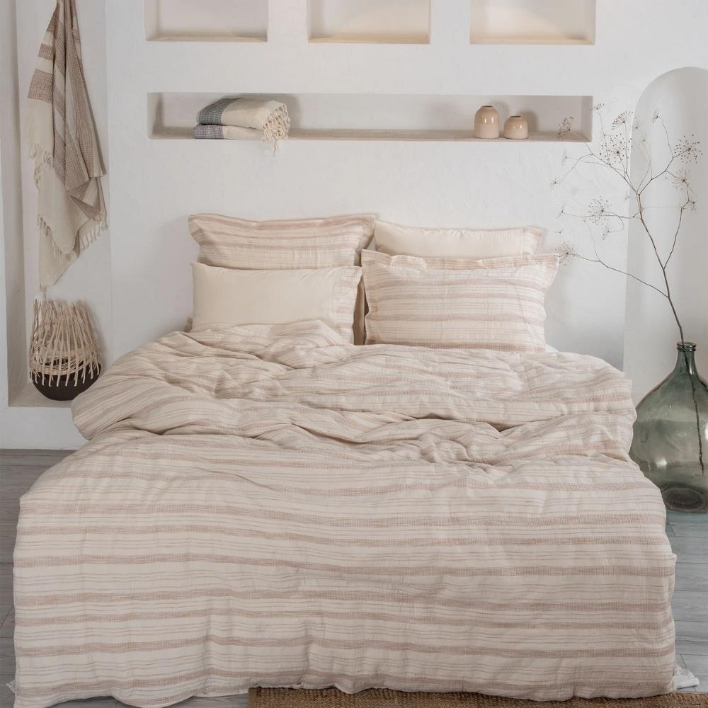 Ecocotton İkra Çift Kişilik Pamuk Dokuma Krem-Bej Renk Nevresim Takımı - Güzel Home - Çift Kişilik Nevresim Takımı