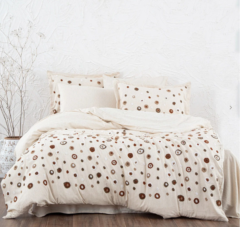 Ecocotton Lal Pamuk Keten Panç Nakışlı Çift Kişilik Bej Nevresim Takımı - Güzel Home - Çift Kişilik Ranforce Nevresim Takımı