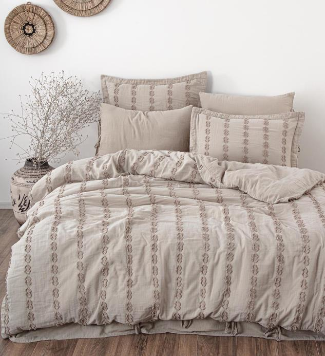Ecocotton Sima %100 Pamuk Müslin Brodeli Çift Kişilik Bej Nevresim Takımı