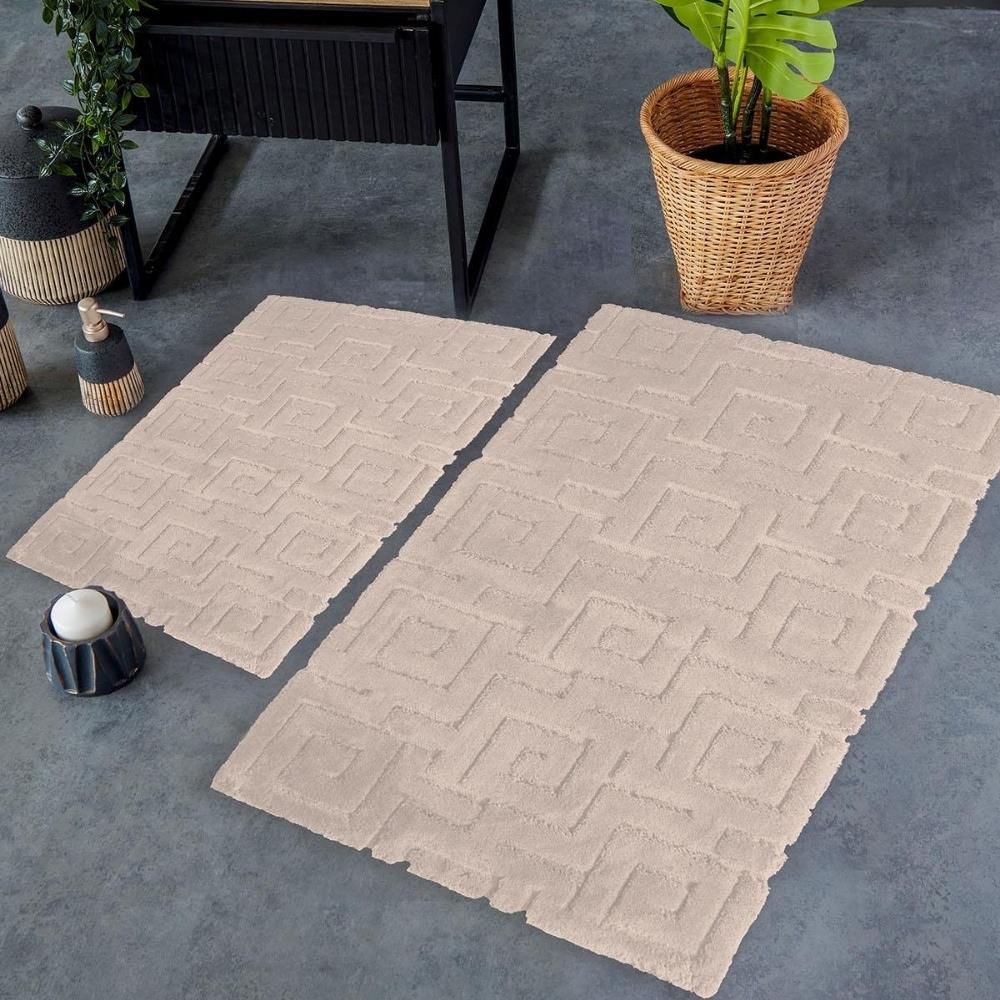 HC&W Meander 2'li Bej Renkli Banyo Paspası Takımı - Güzel Home - Banyo Tekstili