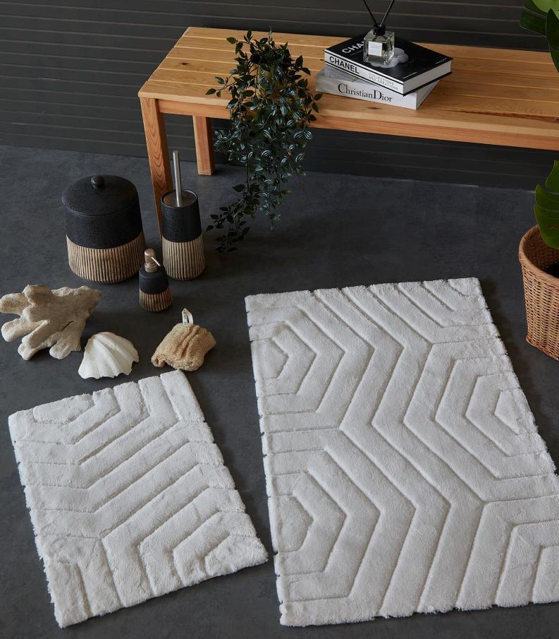 HC&W Plaid 2'li Ekru Banyo Paspası Seti - Güzel Home - Paspas