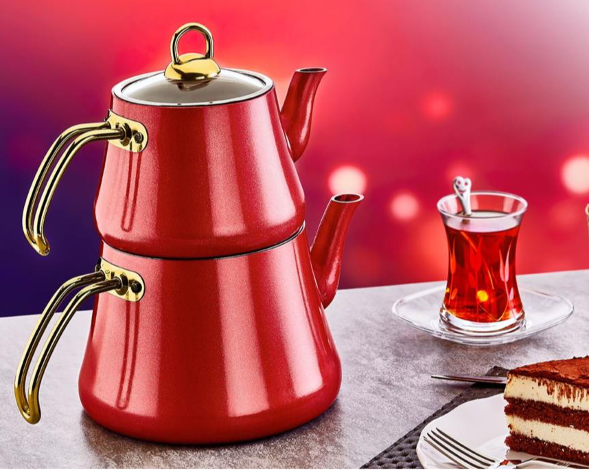 Oms Collection Kırmızı Granit L Boy 4 Parça Çaydanlık - Güzel Home - Granit Çaydanlık